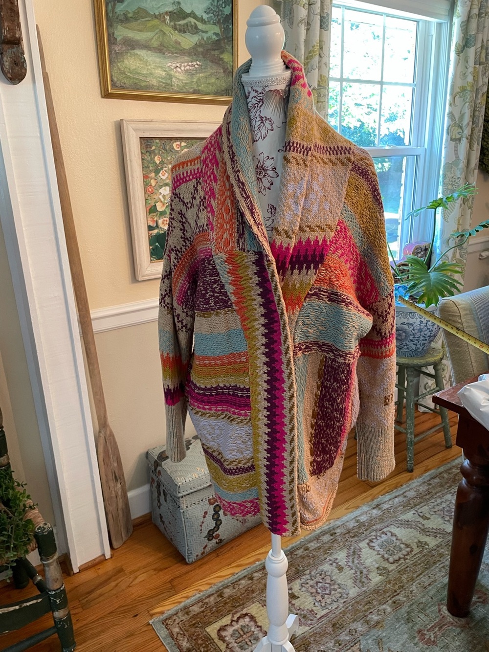 Anthropologie cozy Multicolor Patchwork Knit Sweater Cardigan - Pink & Teal